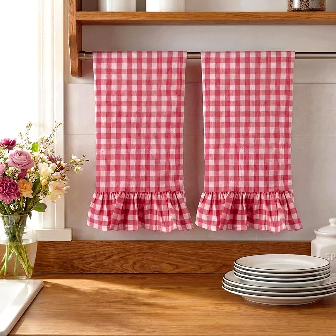 HunnmingRe 2 Pcs Watermelon Pink Gingham Kitchen Towels Cotton Ruffled | Checked Dish Towels 18"x28" Tea Cloths Plaid Cottage Core Kitchen Decor for Farmhouse Charm Drying Dishes Entertaining Guests