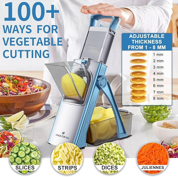ONCE FOR ALL Upgrade Safe Mandoline Slicer Plus, Bigger Size, SkyBlue | 0.1-8mm Adjustable Vegetable Food Chopper, Potato Fries Cutter, Detachable Blade, Stainless Steel, Dishwasher-safe, Gift