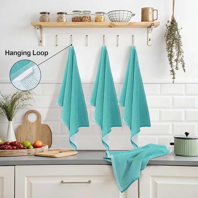 Mordimy Premium Large Cotton Kitchen Towels (18"x 28", 3 Pack), Teal | 100% Ring Spun Cotton, Super Absorbent, 380 GSM, Flat & Terry, Soft, Hanging Loop Dish Towels