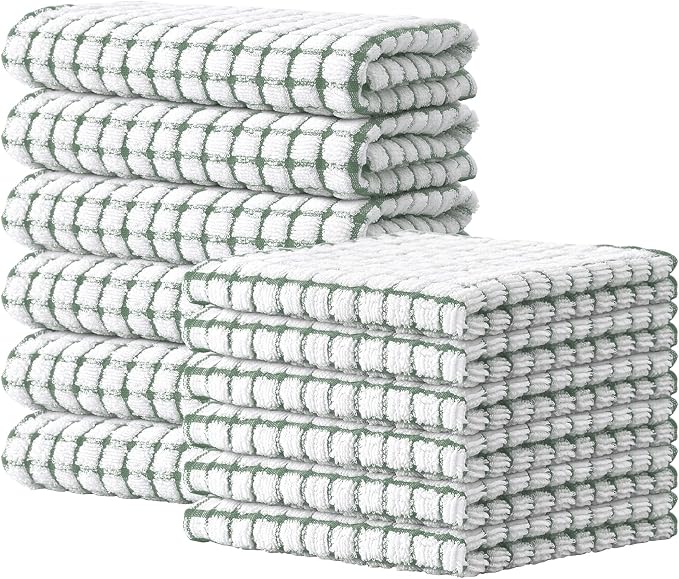 Kitinjoy Cotton 12 Pack Kitchen Towels and Dishcloths Sets, Grass Green | 16 x 25 Inch & 12 X 12 Inch Dish Towels Bulk, Super Soft and Absorbent hand towels for kitchen Drying