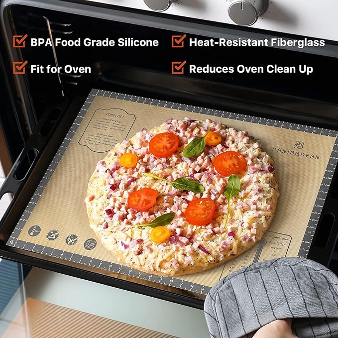 DANIA & DEAN 26"x16" Extra Thick Silicone Baking Mat for Pastry and Bread | Non-Slip & Non-Stick Mat with Measurements, for Pizza, Pie Crust, Dough Rolling, Pasta & Sourdough, Reusable Counter Sheet
