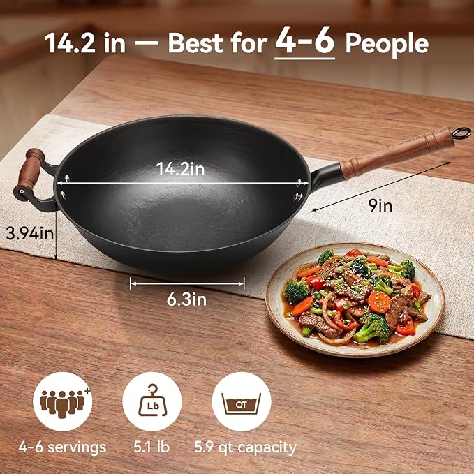 WANGYUANJI Cast Iron Wok Pan with Lid, 14.2 Inch Large Flat Bottom Uncoated Stir Fry Skillet, Heavy Duty Chinese Iron Pot for 4-6 People, Detachable Walnut Handle, Induction & Gas Safe