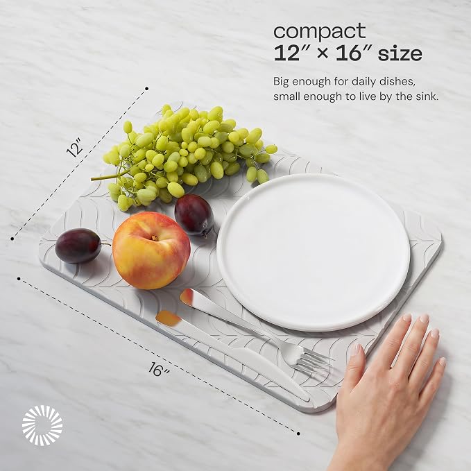 Deepstone Diatomite Stone Dish Drying Mat – Fast-Drying Natural Diatomaceous Earth Kitchen Countertop Drying Board – Super Absorbent & Non-Slip, 16 x 12 in (White)