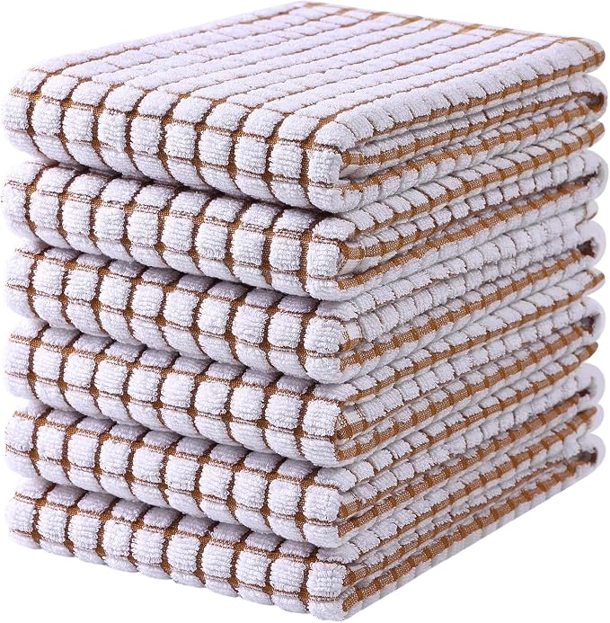 Mordimy Premium Cotton Kitchen Towels 16"x 25", Brown Check Design, 6 Pack | Super Absorbent Terry Kitchen Hand Towels, Large Natural Ring Spun 360 GSM Dish Towels, Soft Tea Towels with Hanging Loop