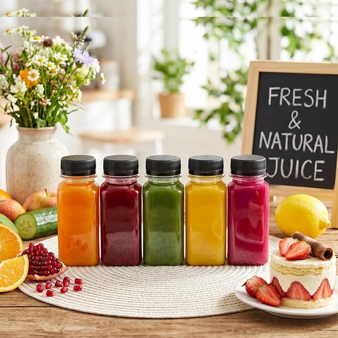 12pcs 2oz Plastic shot Juice Bottles with Caps, Sticker Labels | Reusable Clear Ginger Shot Bottles Bulk Beverage Containers for Juice, Milk and Other Beverages
