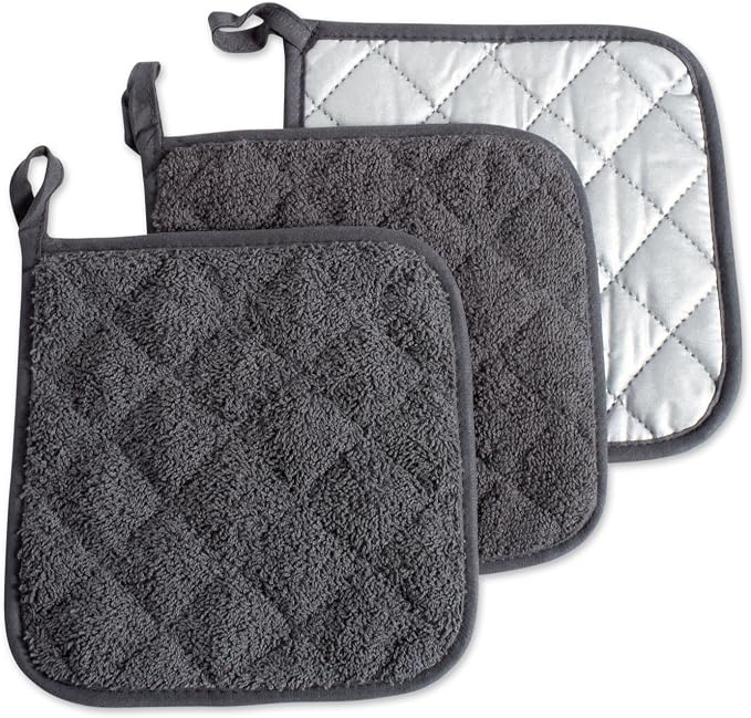 DII Basic Terry Collection Quilted 100% Cotton, Potholder, Mineral Gray, 3 Piece