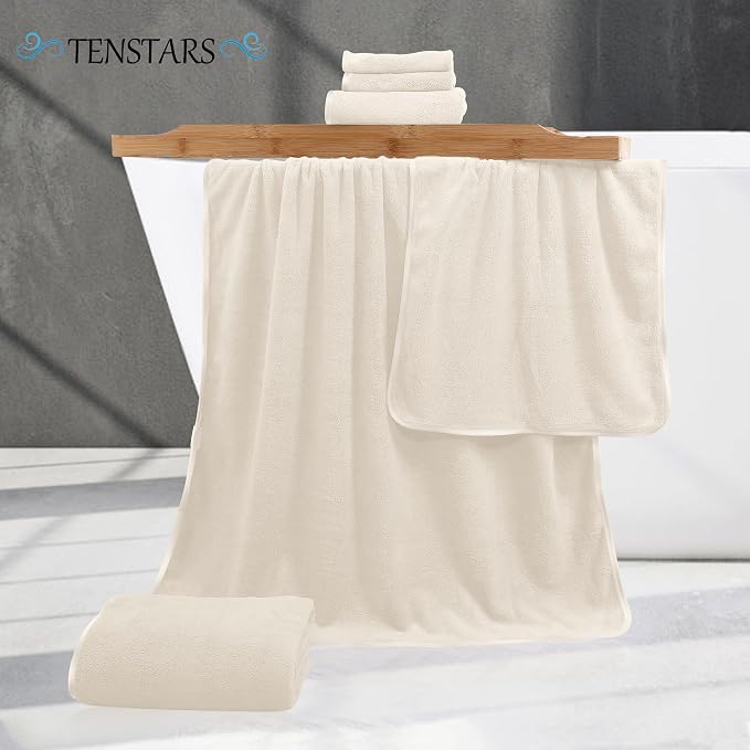 TENSTARS Luxury Silk Hemming Towel Set - Light Thin Quick Drying - 2 Bath Towels 2 Hand Towels 2 Washcloths - Ultra Soft Microfiber Towel for Bath Fitness, Sports, Yoga, Travel (Cream 6 Pieces)