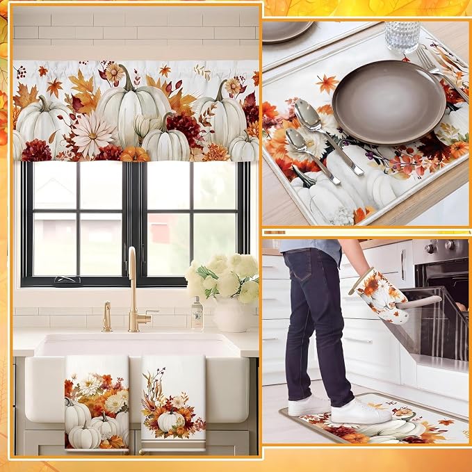 16 Pcs Fall Pumpkin Kitchen Decor and Accessories Set 4 Fall Kitchen Towel 4 Pumpkin Placemat 2 Non Slip Rug and Mat Set for Floor 2 Oven Mitt Glove 2 Pot Holder 2 Curtain for Harvest Home Decor Gift