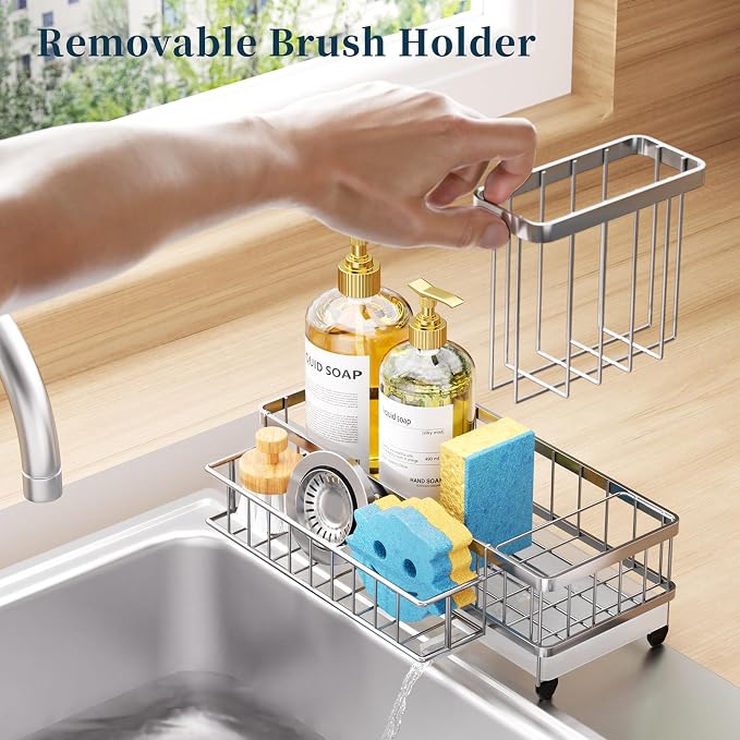 Consumest Sponge Holder for Kitchen Sink - Auto Draining Sink Caddy Organizer with Detachable Rack, High Brush Holder, Kitchen Countertop Storage Accessories, Silver-Extra Large