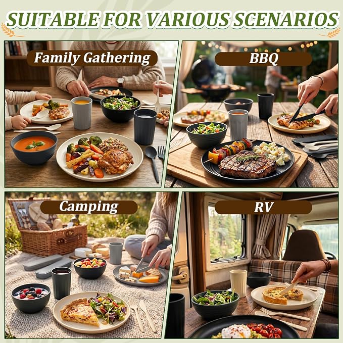 PYRMONT Plates and Bowls Sets 28 Piece Wheat Straw Dishes Set for 4 Unbreakable & Lightweight Dishware Sets for Kitchen,RV Essentials,Camping Cutlery Set Microwave & Dishwasher Safe-Grey Stone