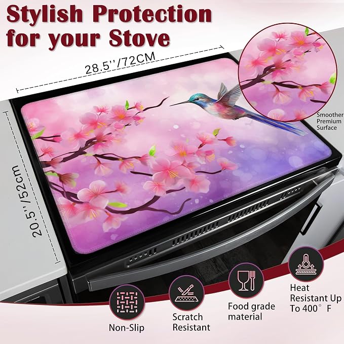 Electric Stove Top Cover Protector,Cherry Blossom Hummingbird Glass Flat Top Stove Mat,Heat-Resistant Oven Induction Cooktop Mat for Ceramic Countertop Mats Dish Drying Mat