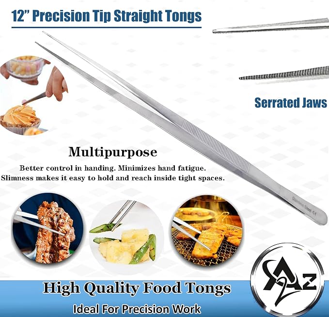 Professional Culinary Stainless Steel Precision Tongs with Serrated Tips, Plating/Food Presentation Detailing Serving Tongs, Chef's Kitchen Tweezer Tongs - Ultra Non-Slip Grip (12" STR Slim)