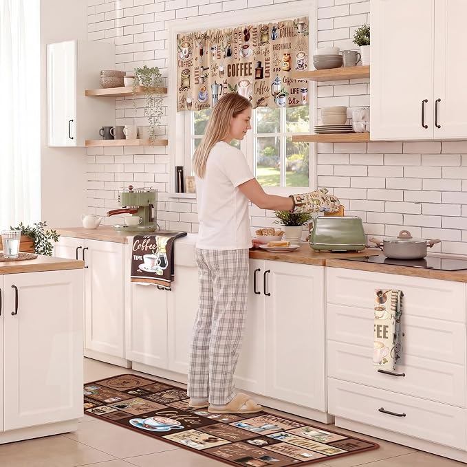 Fourluoo 16 Pcs Coffee Kitchen Decor Set Towels Dishcloths Rug Mitts Brown | Farmhouse Home Kitchen Accessories, Non Slip Rug Mat, Pot Holders Coasters Curtains, Coffee Themed Housewarming Gift