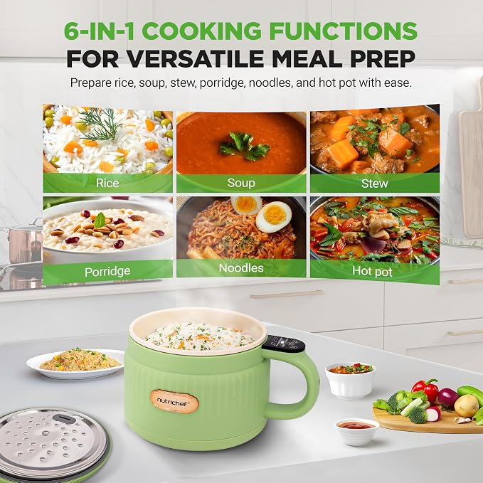 NutriChef 1.6 QT Portable Electric Rice Cooker & Lunch Maker | Multi-Functional & Non-Stick Ceramic Coating | Digital Control Panel | 6 Cook Functions: Rice, Soup, Stew, Porridge & More | Green