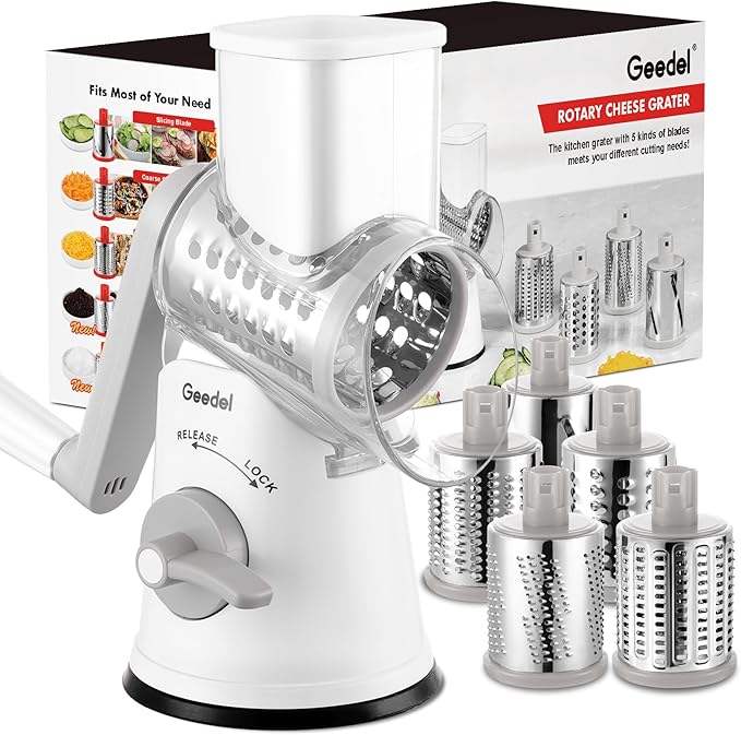 Geedel Rotary Cheese Grater Hand Crank, Cheese Shredder Vegetable Slicer | 5 Blades, 430 Stainless Steel, 12x Fast Cutting, Strong Suction Base, No BPA, Dishwasher Safe, for Cheese, Veggie, Nut