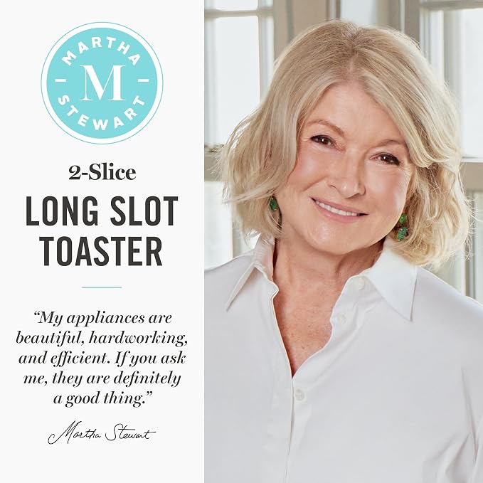 Martha Stewart 2 Slice Long Slot Toaster, Extra Wide, Indigo Blue | 10 Shade Settings, 10” Wide Slot, Sourdough, Bagels, Artisan Bread & Waffles, Smart Centering, Removable Crumb Tray
