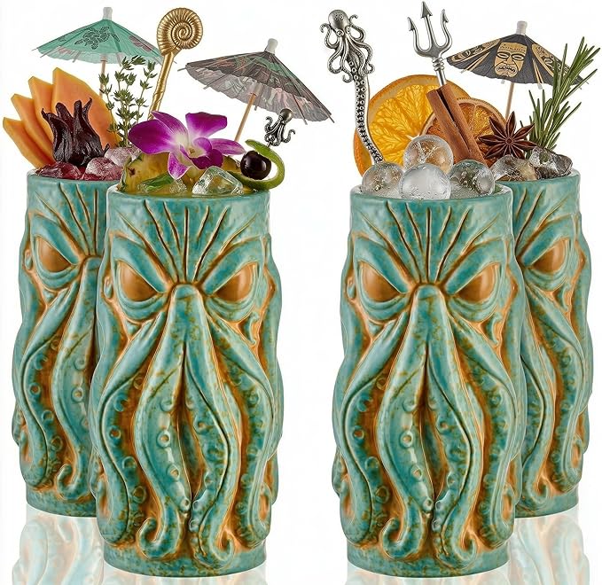 Kraken Ceramic Tiki Mug, 18 oz Hi Ball 4 pc Set