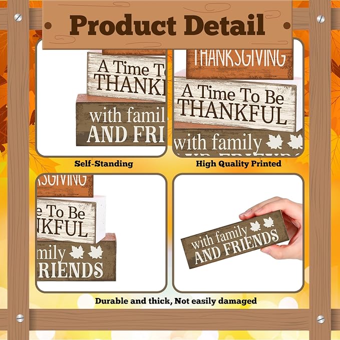 Lineshading 4 Pcs Fall Decoration For Home Wooden Thanksgiving Turkey Decor | Rustic Farmhouse Stacked Sign Blocks, Tiered Tray Tabletop Decor, Thankful Message for Home Family Gatherings