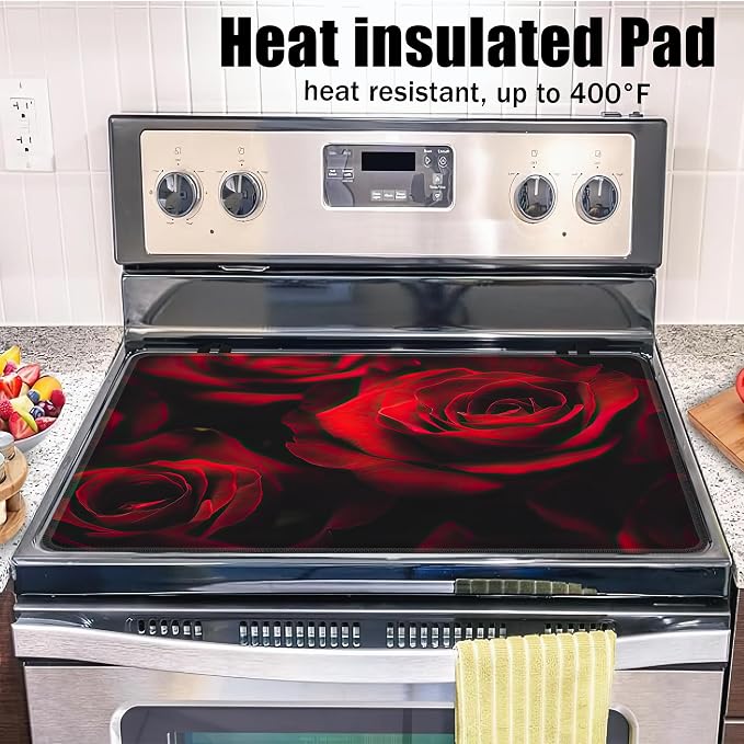 Stove Top Covers for Electric Stove,Red Rose Flower Flat Top Stove Cover,Retro Floral Heat Resistant Glass Top Stove Cover Protector Anti-Slip Range Covers, 28 x 20 Inch
