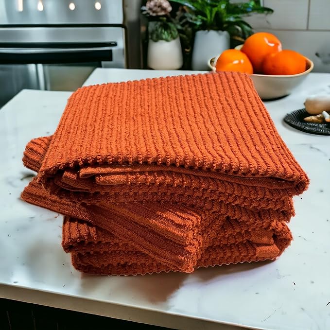 Burnt Orange Rust Kitchen Hand Dish Towels, Set of 3, 100% Cotton, 18x28 | Terry Loop Ribbed Textured, Soft & Absorbent Cleaning Cloth, Quick Dry, Multipurpose for Everyday Use
