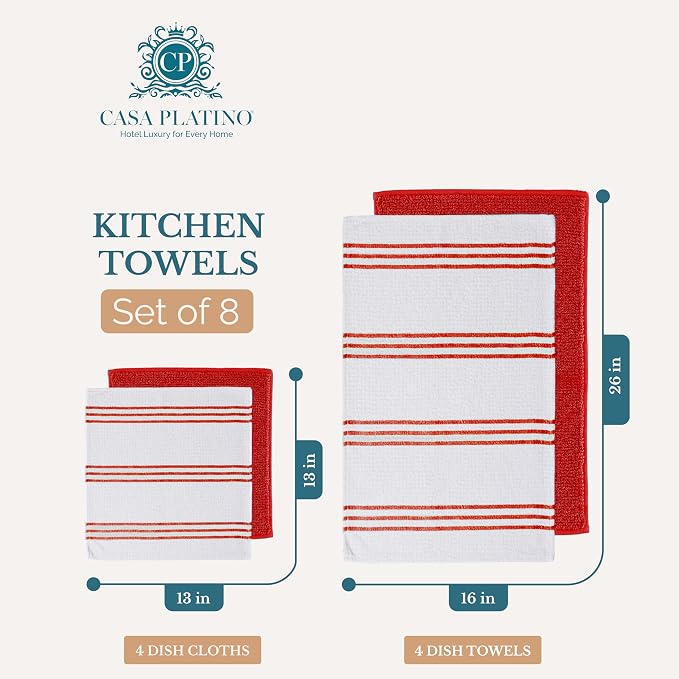 Casa Platino Kitchen Towel Set 8 Pc - 4 Dish Towels (16"x26") & 4 Dish Cloths for Washing Dishes (13"x13") - Cotton Rich, Absorbent, Quick Dry & Durable Kitchen Hand Towels for Wiping Dishes - Red.