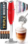 Zulay Kitchen Powerful Milk Frother Wand With Duracell Batteries - Ultra Fast Handheld Drink Mixer - Electric Whisk Foam Maker for Coffee, Lattes, Cappuccino & Matcha - Triple Whisk - Maroon Red