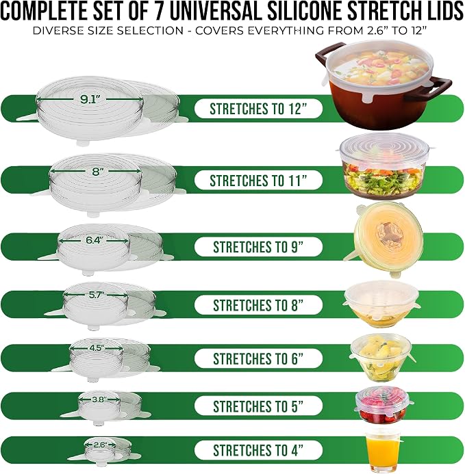 Reusable Silicone Stretch Lids for Food Storage in Fridge - Elastic Heat-Resistant Bowl Covers, Cups, Cans, Jars - Universal Food Grade Lid for Round and Rectangle Containers - Dishwasher Safe -7 Pack