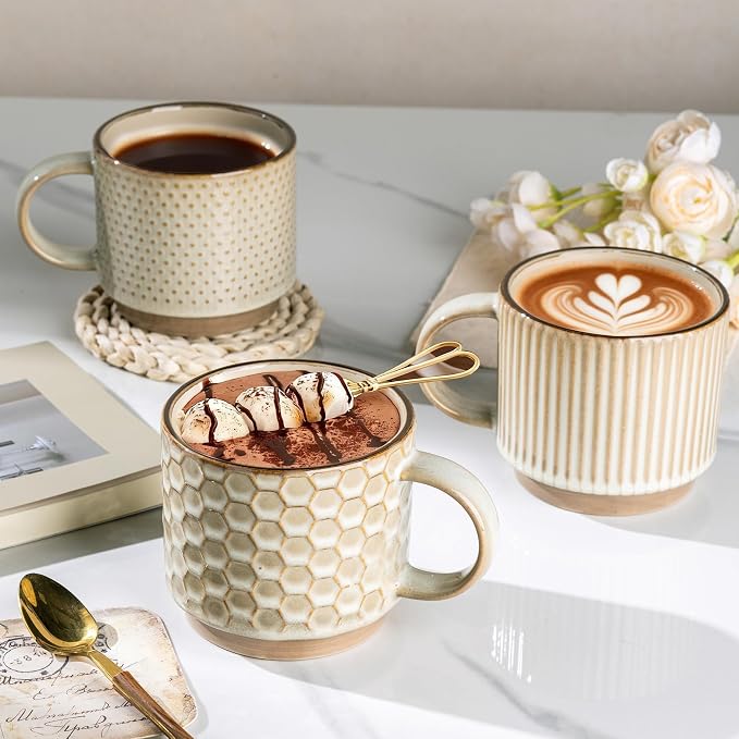 GBhome 12 OZ Stackable Coffee Mugs Set of 6, Ceramic Blue Coffee Cups Set | 3 Assorted Designs, Embossed Mugs with Texture Patterns for Tea/Coffee, Dishwasher&Microwave Safe, Pale Khaki