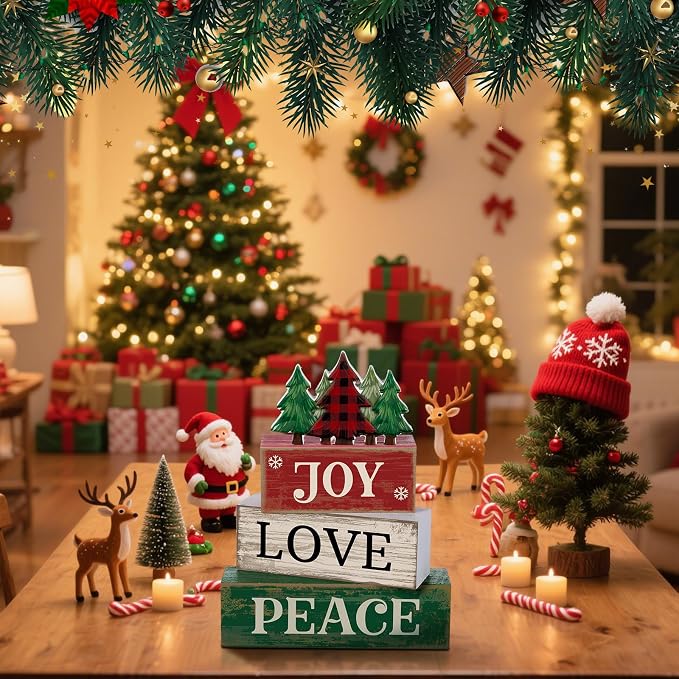 Lineshading 4 Pcs Christmas Table Decor Christmas Tree Block Signs Joy Love | Stacked Wood Signs with Plaid Trees, Rustic Farmhouse Tiered Tray Decor for Home, Distressed Finish