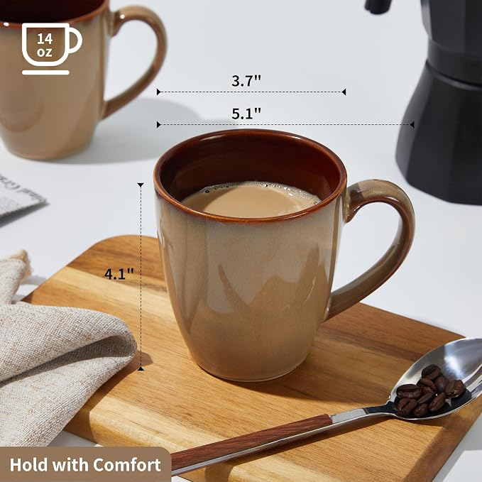 Pokini Coffee Mug 14 oz, Ceramic Coffee Mugs Set of 4, Reactive Glaze Mug for Latte/Tea/Cappuccino, Large Stackable Mug Set for Men, Women, Dad, Mom, Dishwasher & Microwave Safe, Brown Yellow