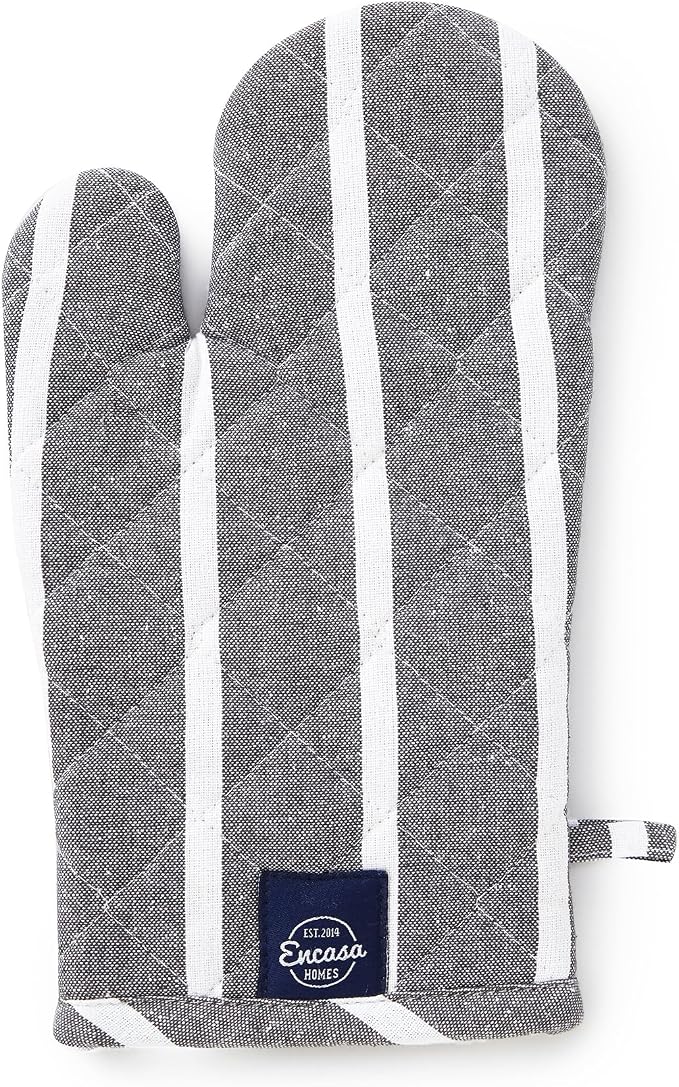 Encasa XO Oven Mitts, Heat Resistant Kitchen Gloves, Microwave | Roma Grey Stripes, 100% Cotton | Diamond Quilted Insulation | Pot Holders | Hanging Loop | Barbecue & Grill | Set of 2