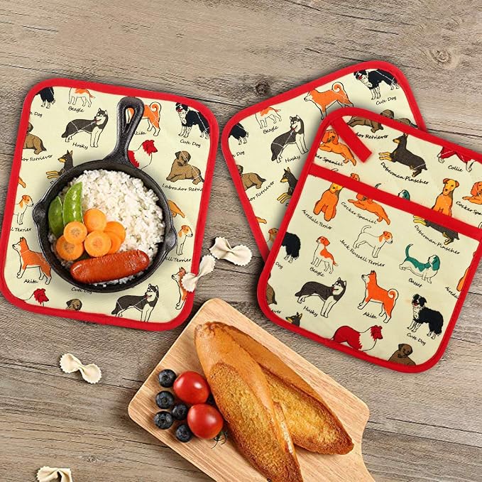 Pot Holders Set of 2 Heat Resistant 480℉ Kitchen 100% Cotton | Comfortable Lining Printing Dog Flower Women Men Home Cooking Baking Microwave BBQ Gift(Dog)