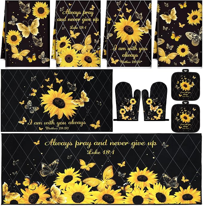 Fourluoo 10 Pcs Sunflower Butterfly Kitchen Dish Towels Rugs Oven Mitts and Pot Holders Set Farmhouse Kitchen Decor Set for Women Mom Daughter Gift Cooking Baking Grilling (Bright Black)