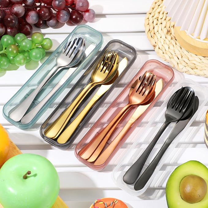 4 Pack Travel Silverware Set with Case for Lunch,Gold | Reusable Utensils with Case, Portable Flatware, Camping Cutlery, Fork Spoon Knife, for Work School, Dishwasher Safe