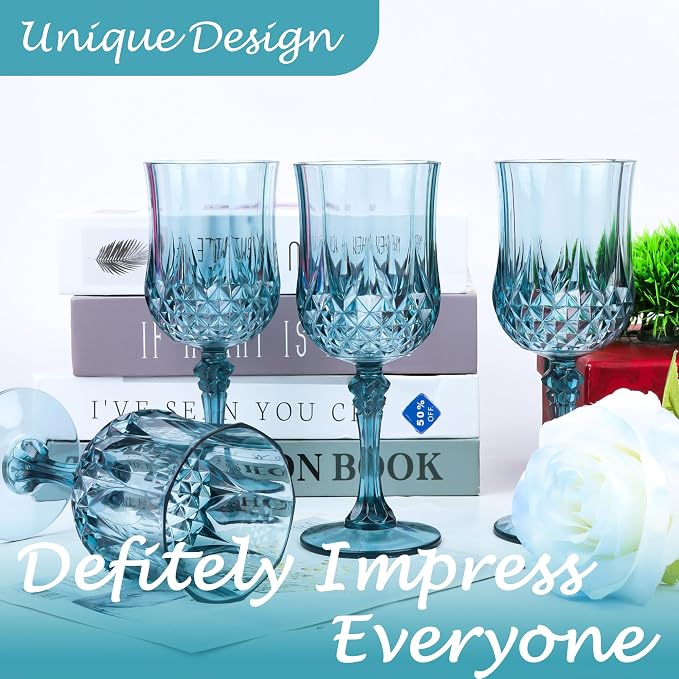 24Pack Plastic Wine Glasses, 7oz Vintage Goblets for Wedding | Unbreakable Crystal Style Reusable Stemware, Elegant Dusty Blue Drinking Glass for Party Anniversary & Holiday Celebration