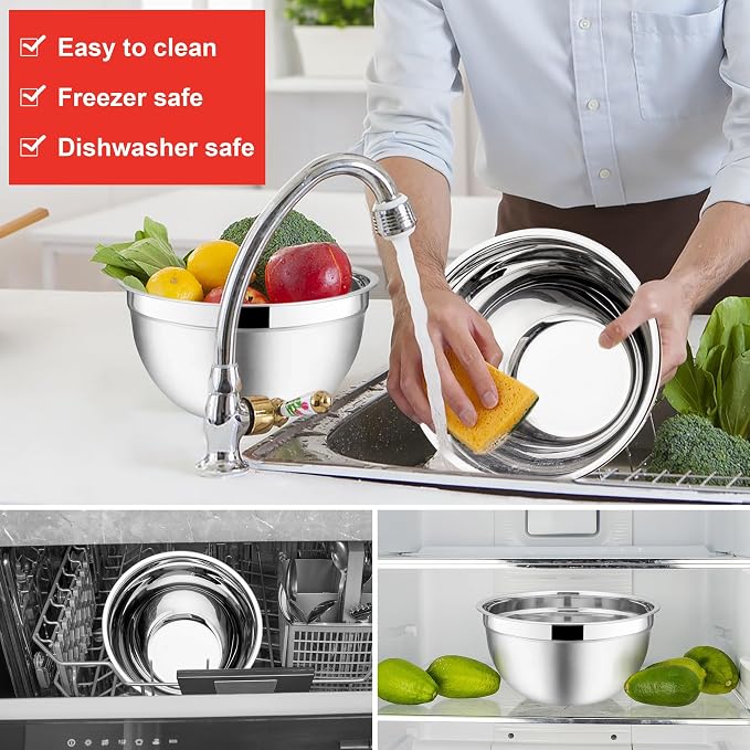 E-far Mixing Bowls with Lids Set, 6-Piece Stainless Steel Salad Bowls | Metal Nesting Cooking Bowls with Airtight Lid for Kitchen Storage, Baking & Prepping, Dishwasher Safe, 1.5/3/4.5 QT, Red
