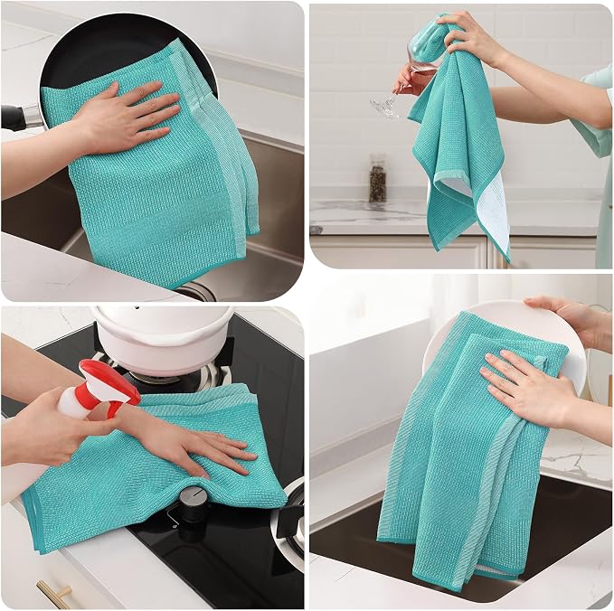 Mordimy Premium Large Cotton Kitchen Towels (18"x 28", 3 Pack), Teal | 100% Ring Spun Cotton, Super Absorbent, 380 GSM, Flat & Terry, Soft, Hanging Loop Dish Towels