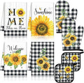 Leinuosen 8 Pcs Sunflower Checkered Kitchen Towels and Dishcloths Sets Oven Mitts and Pot Holders Sets Absorbent Kitchen Gloves Potholders Heat Resistant for Chef Baking Cooking