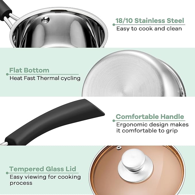 Herogo 1 Quart Saucepan with Lid, 18/10 Stainless Steel Small Sauce Pan Pot, 1Qt Saucepan for Gas Electric Stove Top Camping, Healthy & Rust Free