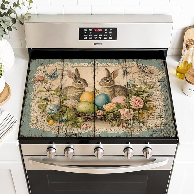 Stove Top Cover for Electric Stove 28.4 x 20.5 Inch Non Slip Stove Mat Oil Proof Easter Bunny Eggs Glass Cooktop Protector Kitchen Mat