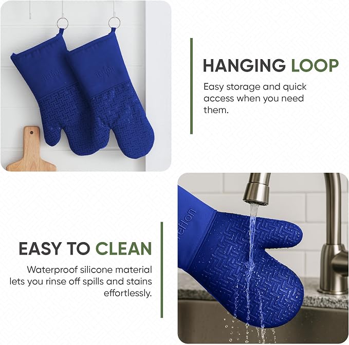 Xlnt Extra Long Oven Mitts (Blue) | Teflon EcoElite Water Repellent | Heat Resistant for Oven Cooking, Grill & BBQ | Non Slip Gloves with Teflon EcoElite Finish, Cotton Lining & Hanging Loop