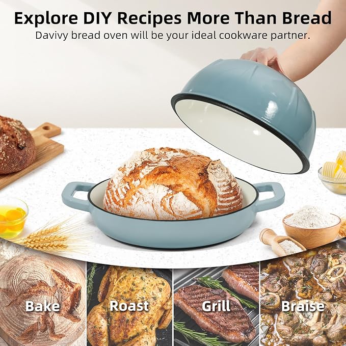 Davivy Round Enameled Cast Iron Bread Oven, 5QT Sourdough Dutch Oven, Dutch Oven for Sourdough Bread Baking Dome,Sourdough Pan Bread Cloche - Sea Salt