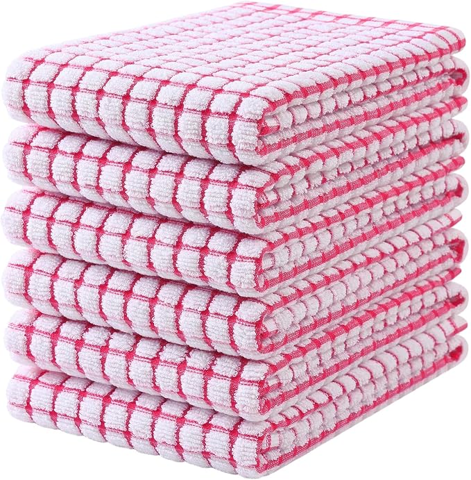 Mordimy Premium Cotton Kitchen Towels 16"x 25", Red Check Design, 6 Pack | Super Absorbent Terry Kitchen Hand Towels, Large Natural Ring Spun 360 GSM Dish Towels, Soft Tea Towels with Hanging Loop