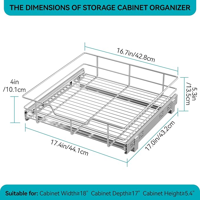 Pull Out Cabinet Organizer 18" W X 17" D, Chromed, Full Slide Out Drawers | For Kitchen Organizers and Storage, Pull Out Drawers For Cabinets Capacity Heavy Duty Caddy, Cabinet Shelves, Bathroom Pantry
