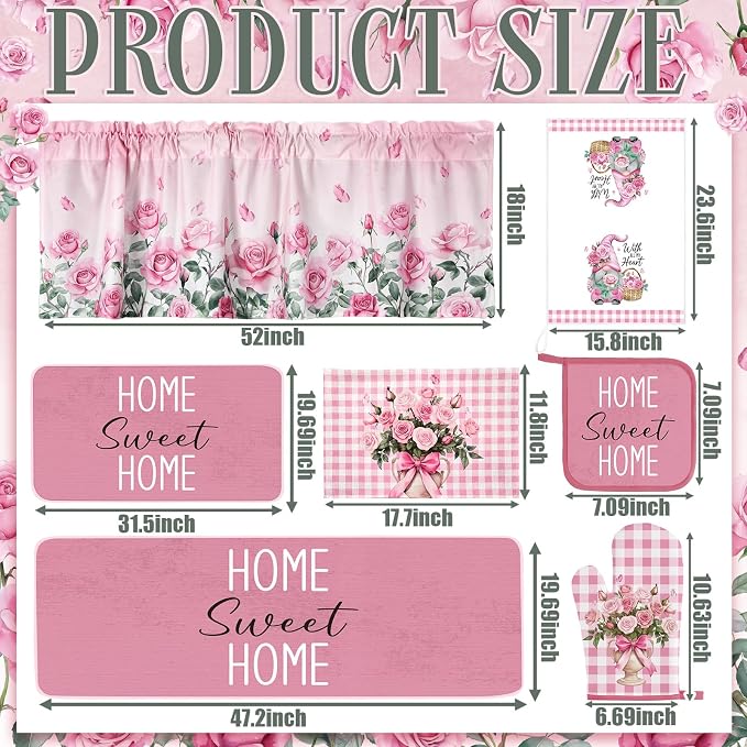 Fourluoo 16 Pcs Pink Rose Kitchen Decor Set Kitchen Towels Placemats Non Slip Rugs and Mats for Floor Oven Mitts Gloves Pot Holders Floral Curtains for Home Decoration Gift