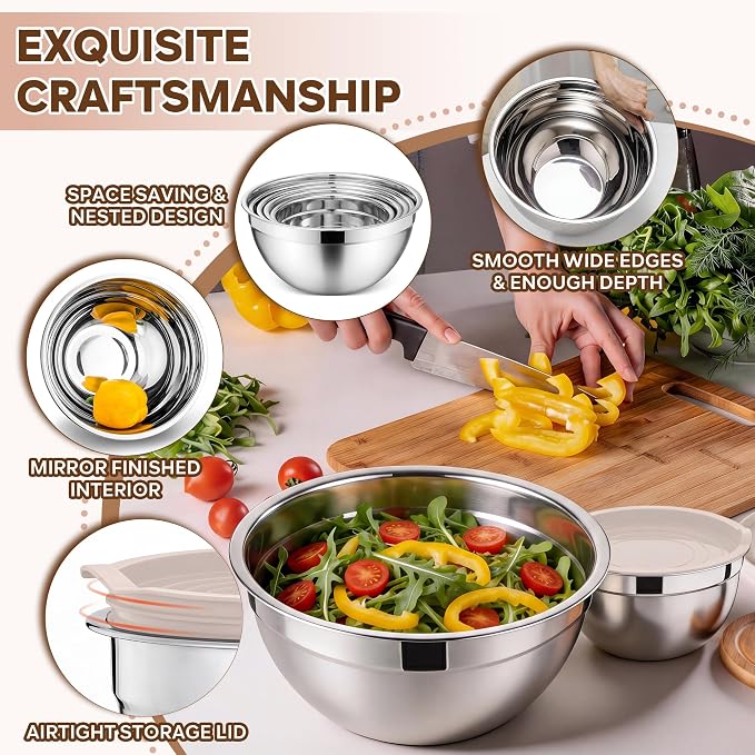 E-far Mixing Bowls with Lids Set, Stainless Steel Cooking Salad Bowl, Khaki | 10-Piece Metal Nesting Bowls with Airtight Lid for Kitchen Storage, Baking & Prepping, Dishwasher Safe, 0.7/1.5/2.1/3/4.6 QT