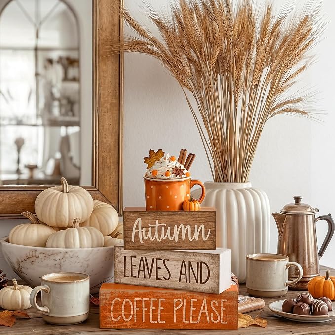 Lineshading 4 Pcs Fall Coffee Wooden Block Signs Tiered Tray Decor Autumn | Rustic Tabletop Decor for Kitchen Coffee Corner, Stackable Wooden Blocks with Autumn Leaves, Farmhouse Style Home Accent Gift