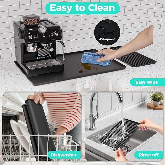 2-in-1 Coffee Mat & Dish Drying Mat Coffee Bar Mats for Countertop [Clean & Organized] Coffee Matt for Counter Silicone Coffee Tray Espresso Mat Coffee Station Mat Espresso Coffee Maker Machine Mat