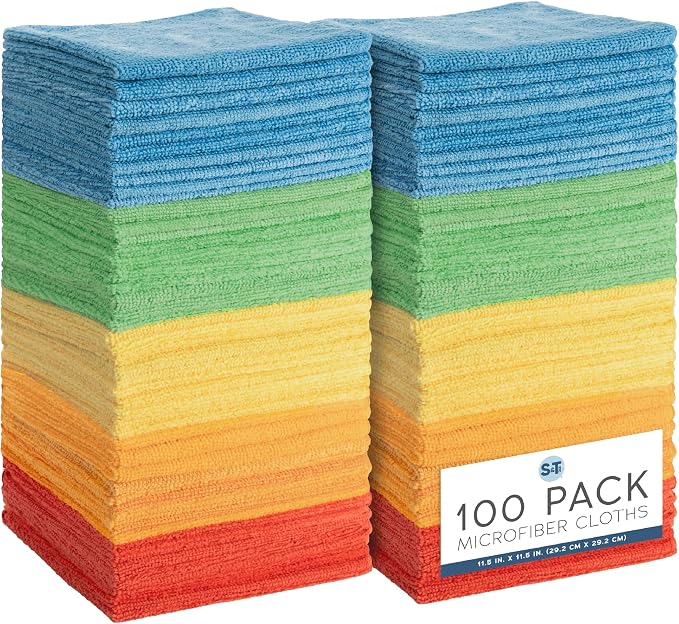 S&T INC. Microfiber Cleaning Cloth, 100 Pack, 11.5" x 11.5" | Bulk Cleaning Cloth for Home and Car, Reusable and Multi-Purpose Cleaning Rags for Business, Machine Washable