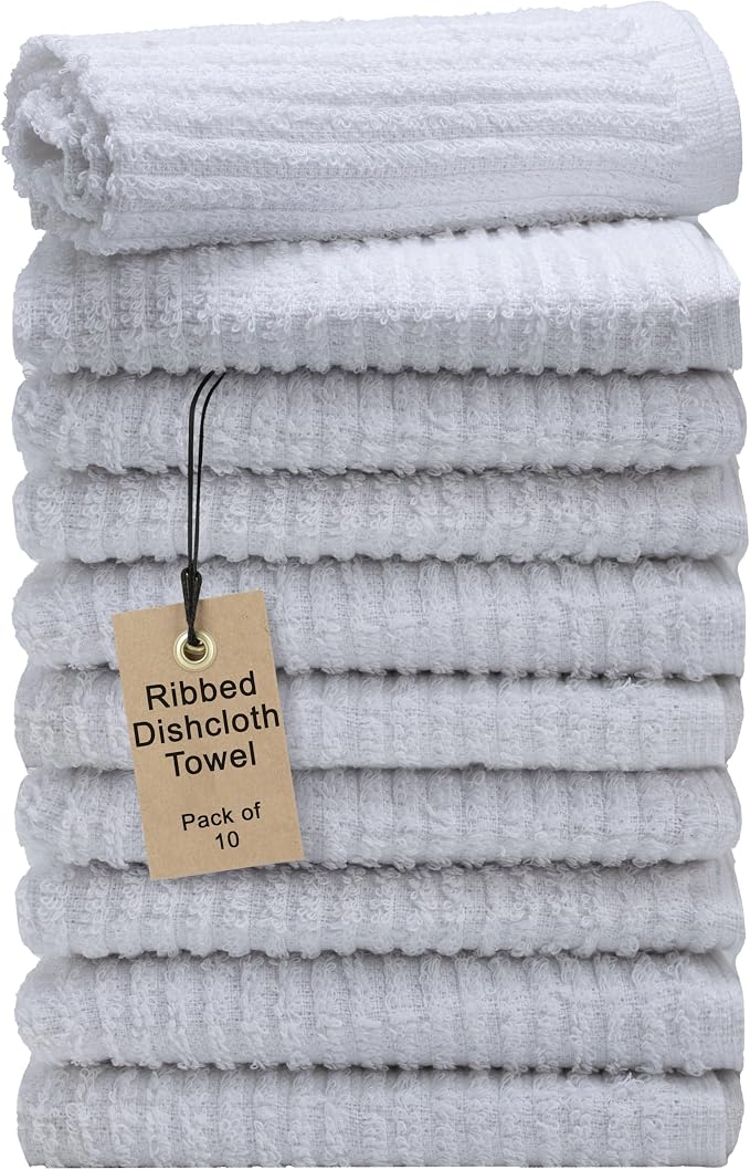 Textila Bar Mop Towels - 12x12 Inches - Pack of 10 - White - Cotton Dish Cloths & Cleaning Towels for Kitchen, Bar, Restaurant, Household Use – Absorbent, Durable, Reusable